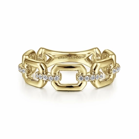 14K Yellow Gold Chain Link Stackable Ring Band with Diamond Connectors Exclusive Glow