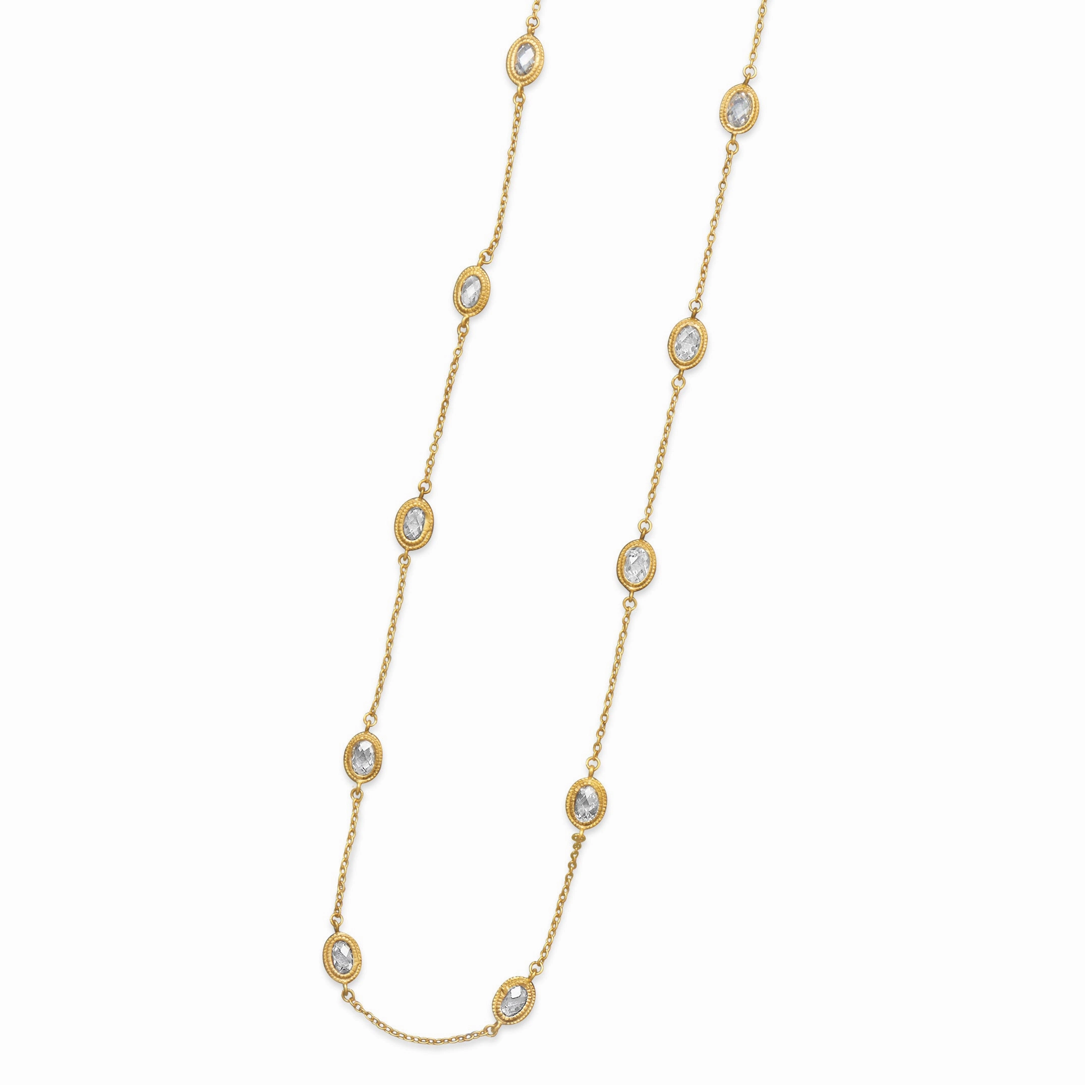 Station Style Necklace with Gold-plated Sterling Silver and Cubic Zirconia 36-inch Length Statement Look Unique Feature