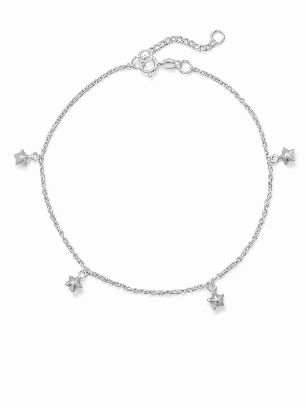 Romantic Gesture Organic Forms Sterling Silver Anklet Ankle Bracelet with Dangle Star Charms