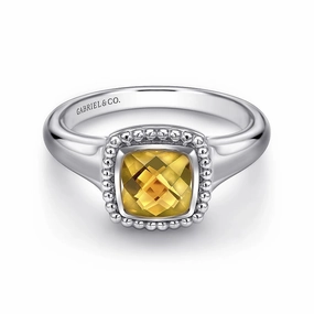 Sculpted Sparkle Custom Order Sterling Silver Beaded Cushion Cut Citrine Ring