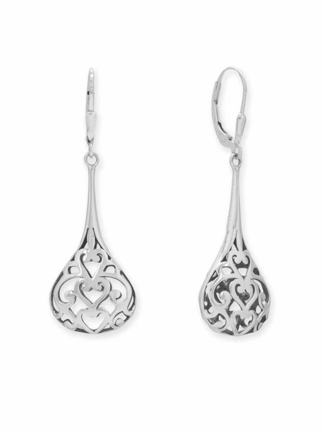Pretty Item Sterling Silver Heart Pear Raindrop Dangle Earrings with Lever Backs