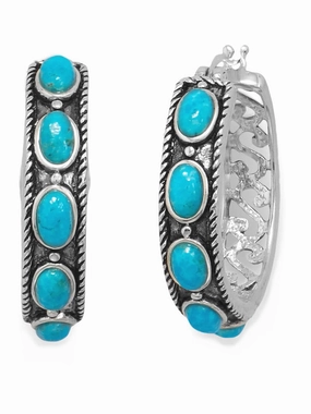 Stylish Accessory Sterling Silver Hoop Earrings with Reconstituted Turquoise Stones