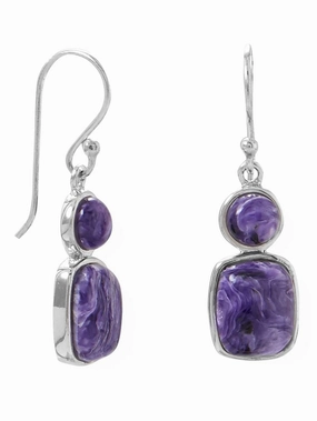 Retro Trinket Dull Item Sterling Silver Purple Charoite Earrings Double Stone Grape Swirl