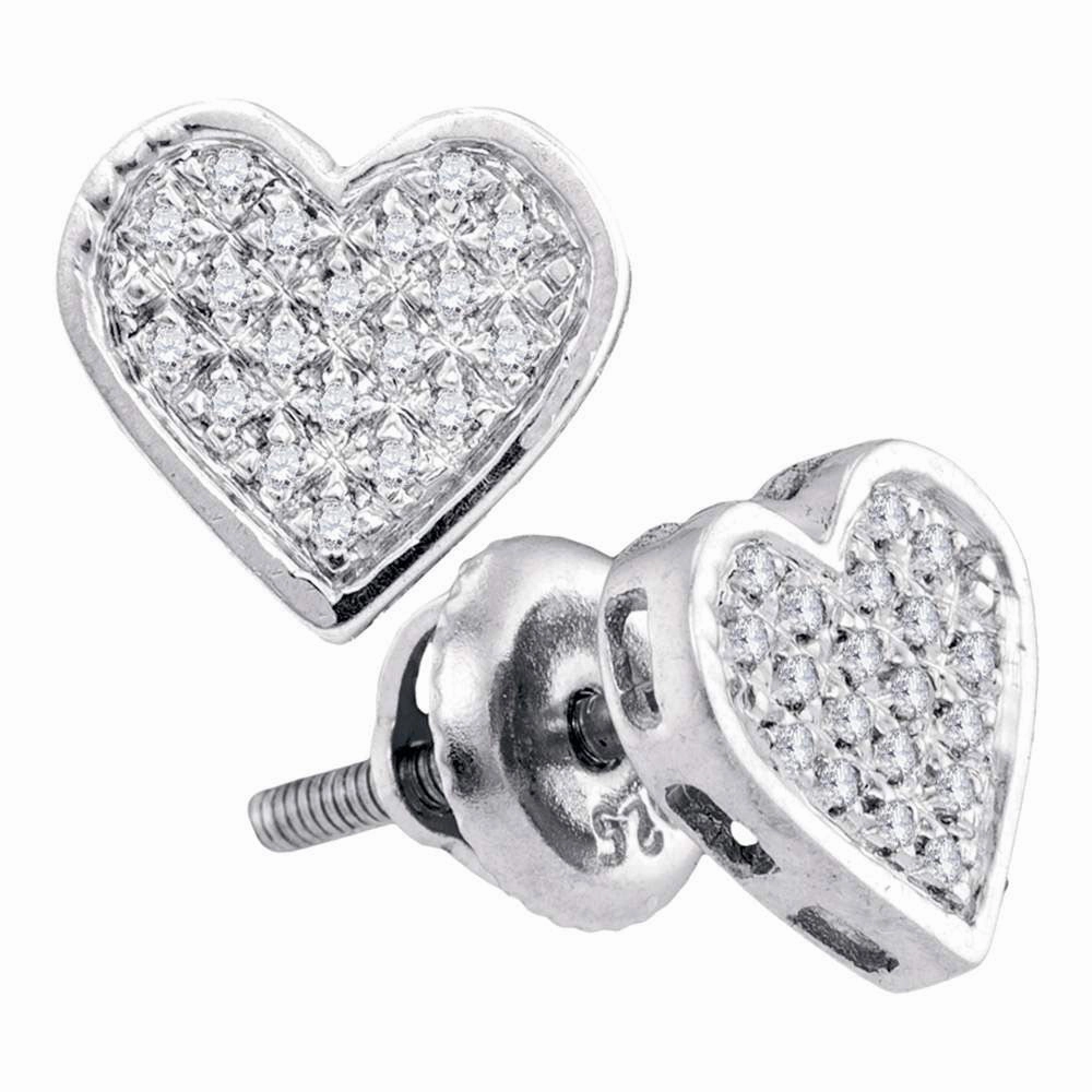 Sterling Silver  Round Diamond Heart Cluster Screwback Stud Earrings 1/10 ctw Graceful Design