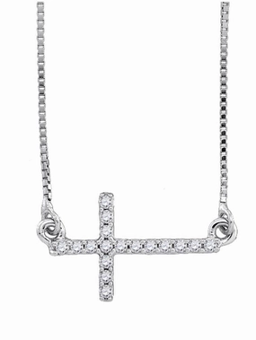 family gathering Sterling Silver Round Diamond Horizontal Sideways Cross Faith Necklace 1/10 Cttw