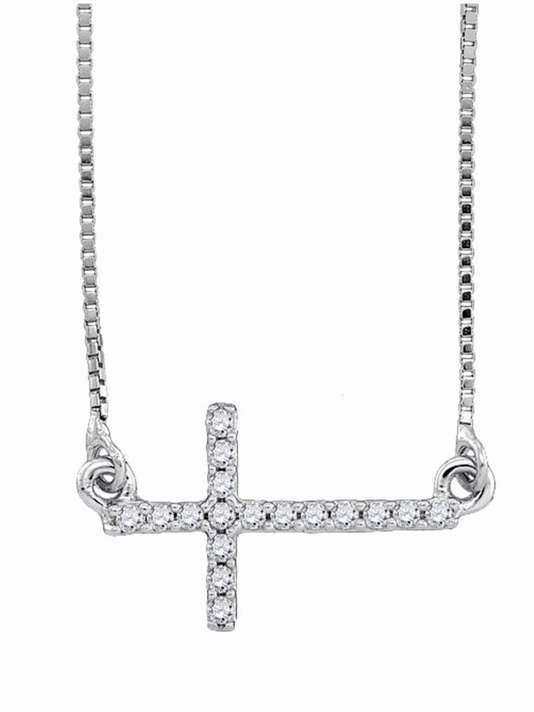 family gathering Sterling Silver Round Diamond Horizontal Sideways Cross Faith Necklace 1/10 Cttw