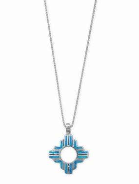 Indigenous Accessory Sterling Silver Synthetic Blue Opal Zia Sun Symbol Pendant Necklace, Box Chain, Southwest Native American Style