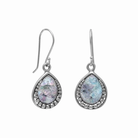 Ancient Roman Glass Earrings Teardrop Shape Bead Sterling Silver Polished Essential