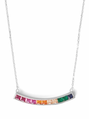 Glam Gift Unique Adornment Bar Necklace Rainbow Color Cubic Zirconia Rhodium on Sterling Silver
