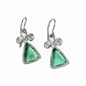 Ancient Roman Glass Dangle Earrings with Triangle and Rosettes Sterling Silver Exquisite Look