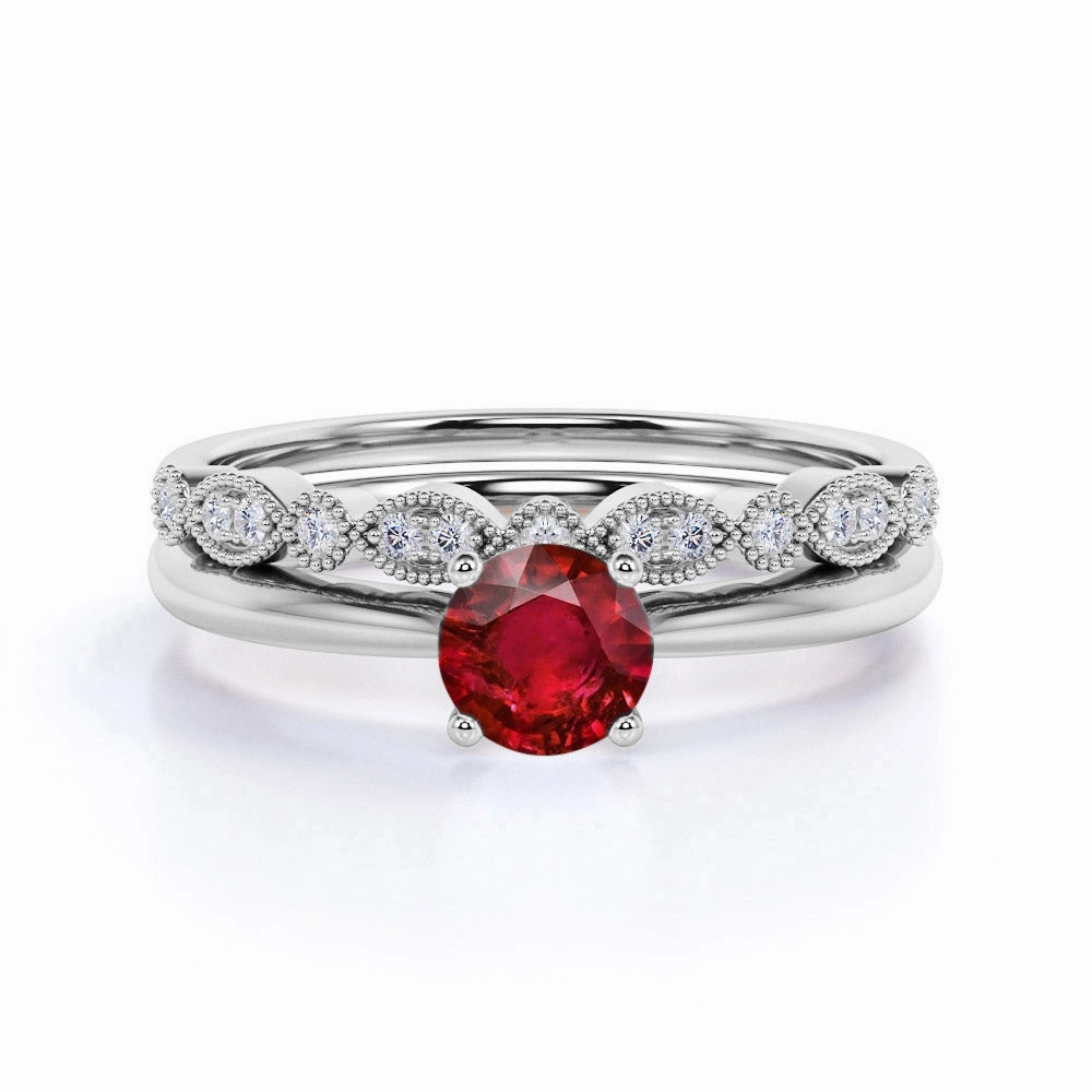 Luxurious Feel Universal Design 1.25 Carat Round Natural Ruby Wedding Set - Bridal Ring Set - 18k White Gold over Silver