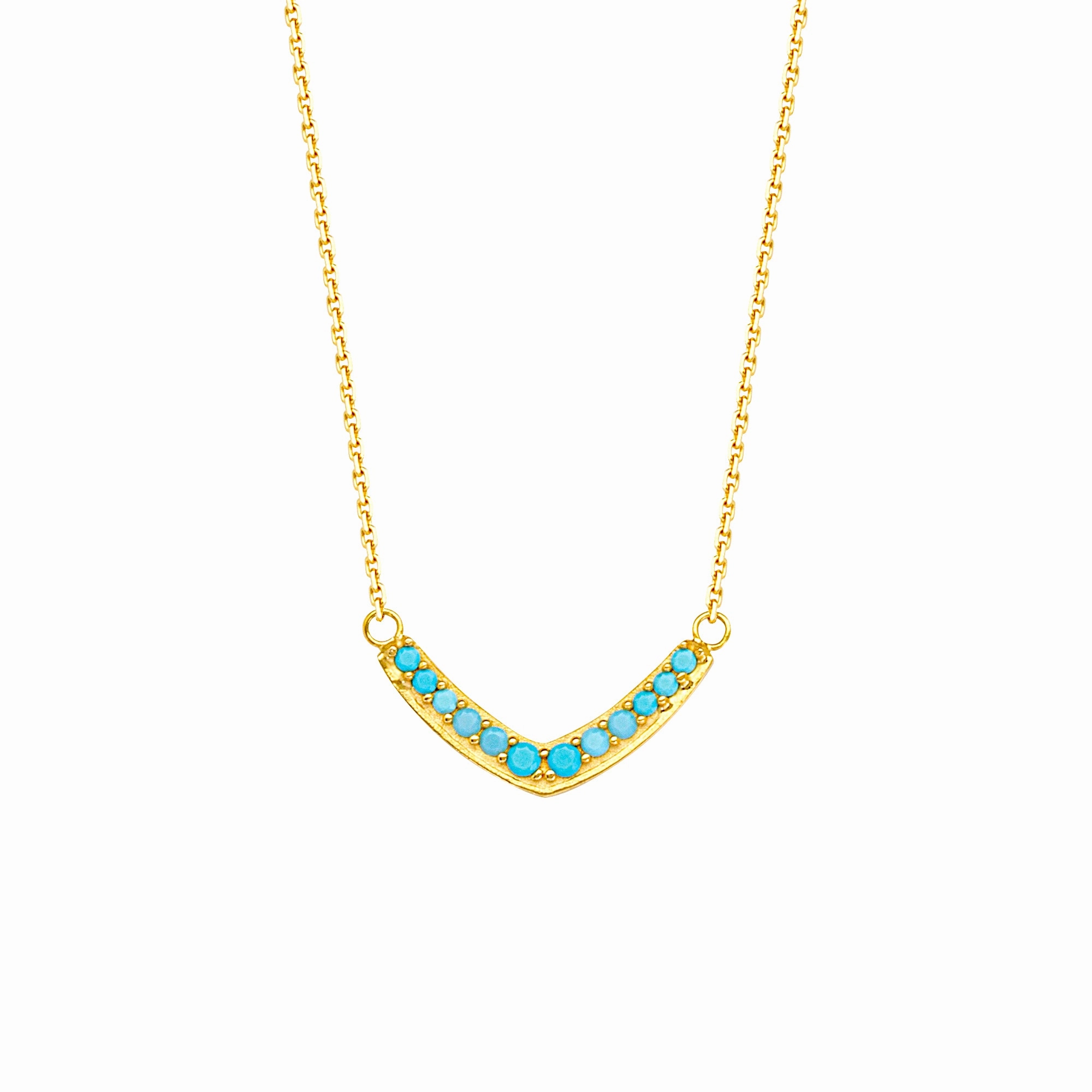Signature Detail 14k Yellow Gold V Bar Necklace with Simulated Nano Turquoise Adjustable Length