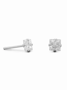 Graceful Embellishment 4mm Square Cubic Zirconia CZ Stud Earrings Mens Sterling Silver