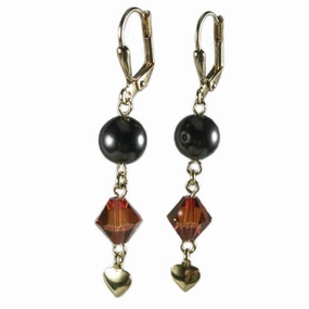 Red and Black Earrings with Crystals, Imitation Pearls, and Heart Charm Pearlescent Ornament Petite Ornament