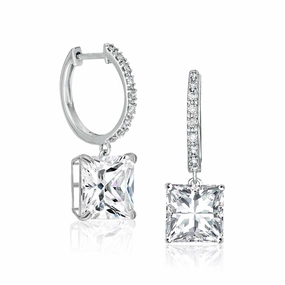 1.5 Carat Princess Cut Moissanite Hoop Earrings Pave Set with Charm in 18K White Gold over Silver Unique Look Linear Accessory