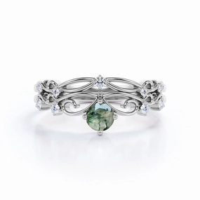 Art Deco 0.6 Carat Round Green Moss Agate Bridal Set Creative Item
