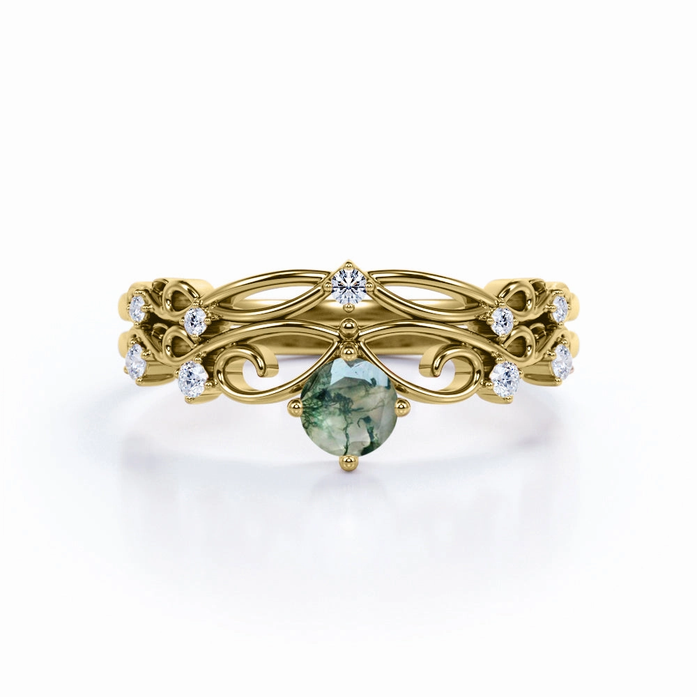 Art Deco 0.6 Carat Round Green Moss Agate Bridal Set Functional Style Chic Ornament