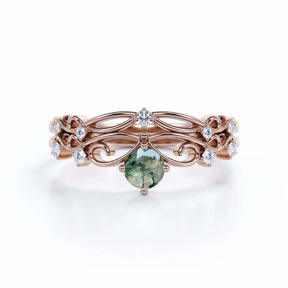 Art Deco 0.6 Carat Round Green Moss Agate Bridal Set Statement Look Convenient Appearance