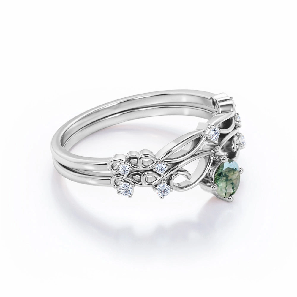 Art Deco 0.6 Carat Round Green Moss Agate Bridal Set Traditional Creation Award winning