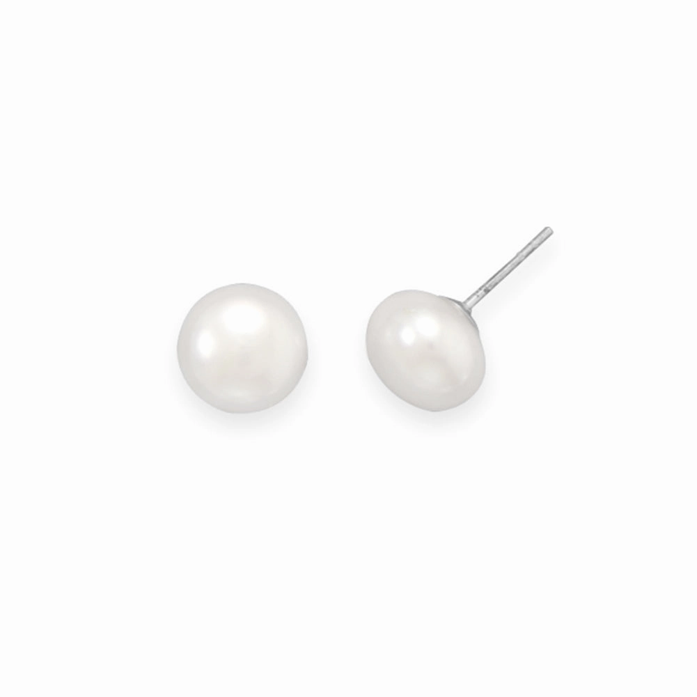 Square Embellishment Classic Design White Cultured Freshwater Pearl Button Stud Post Earrings Sterling Silver