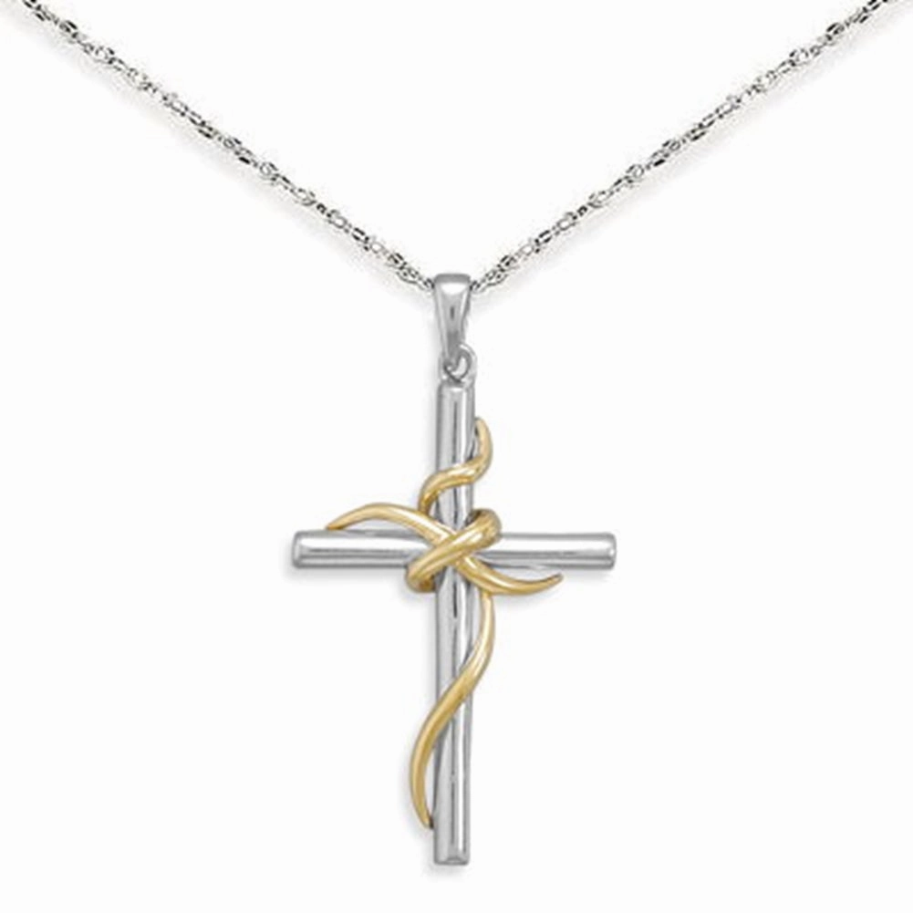 Simple Style Attractive Adornment Cross Pendant with Wrap Design Two Tone Sterling Silver and Gold-plated Necklace