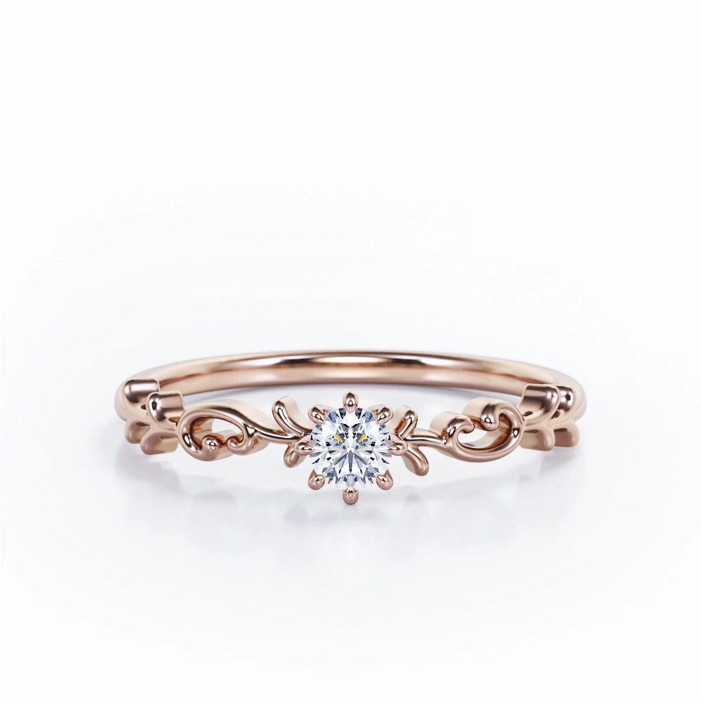 Graceful Edge Filigree Shank 0.25 TCW Round Shape Diamond 8-Prong Solitaire Engagement Ring in White Gold