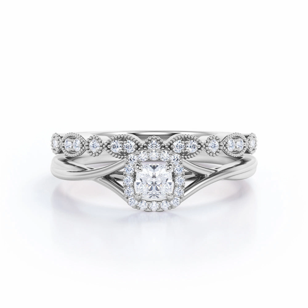 Crossover Split Shank 0.5 TCW Princess Cut Diamond Art Deco Wedding Ring Set in 10K White Gold Alkali resistant