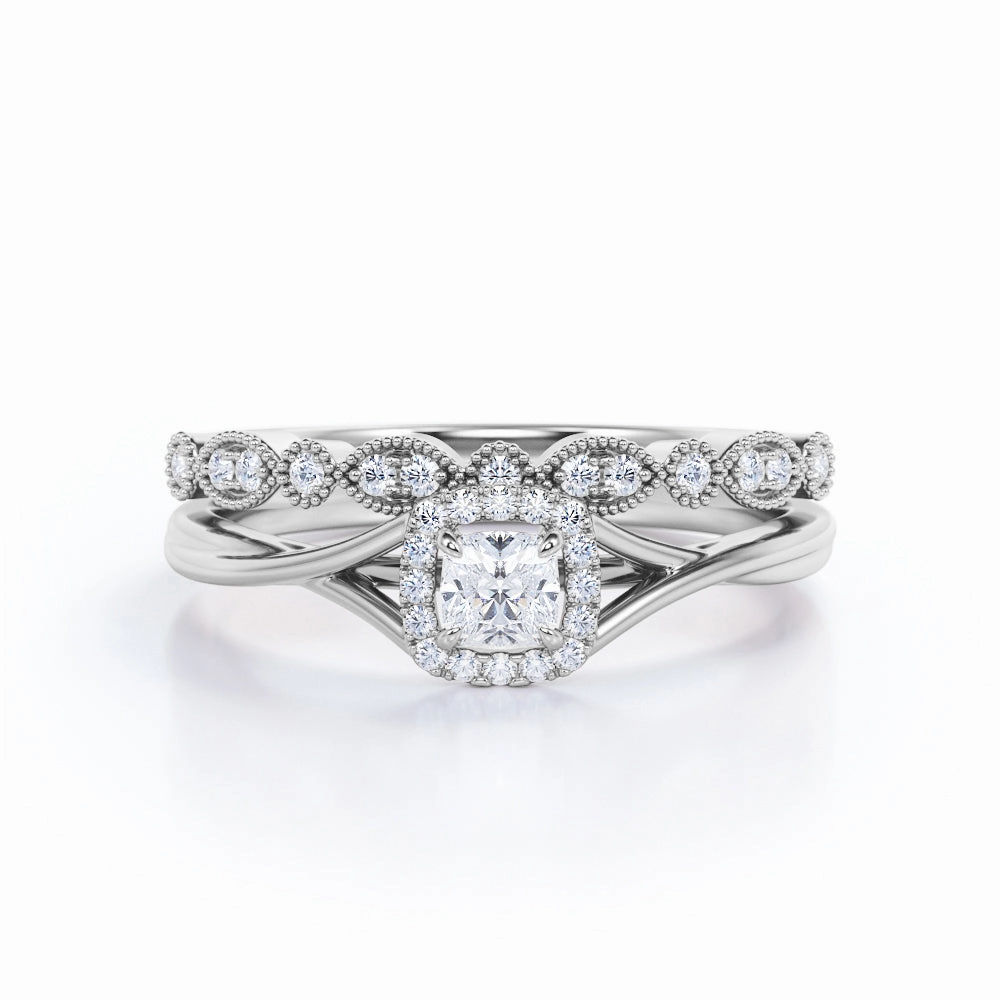 Exclusive Product Economical Art Crossover Split Shank 0.5 TCW Princess Cut Diamond Art Deco Wedding Ring Set in 10K White Gold