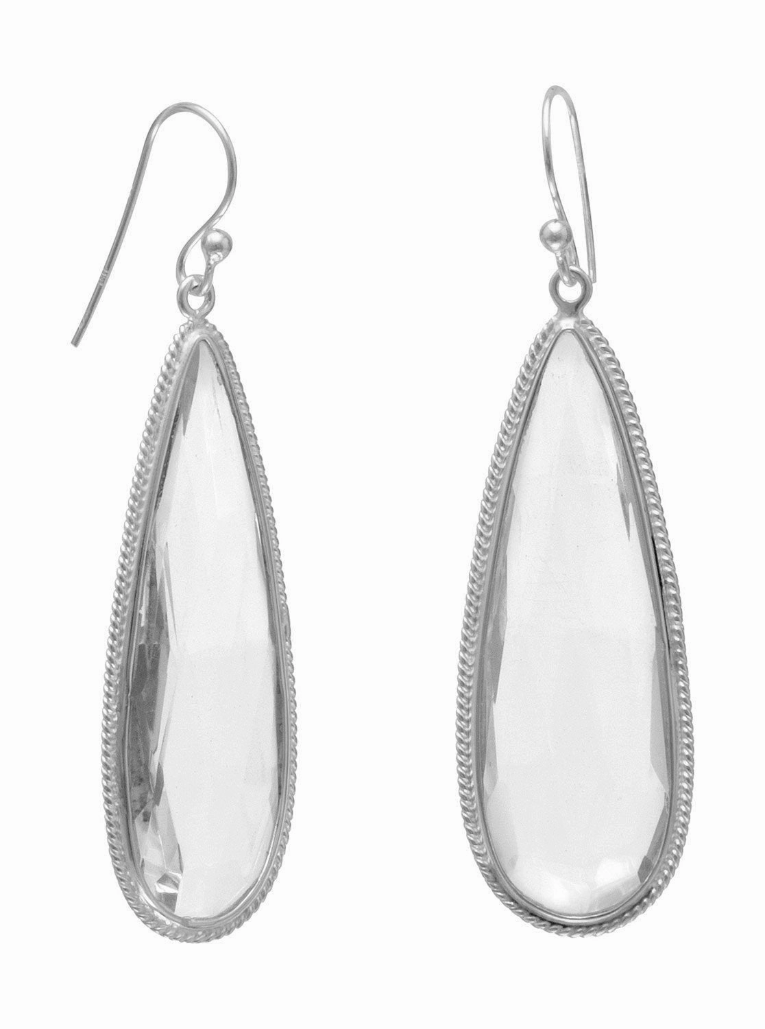 Glittering Detail Long Teardrop Shape Faceted Clear Crystal Quartz Earrings Sterling Silver