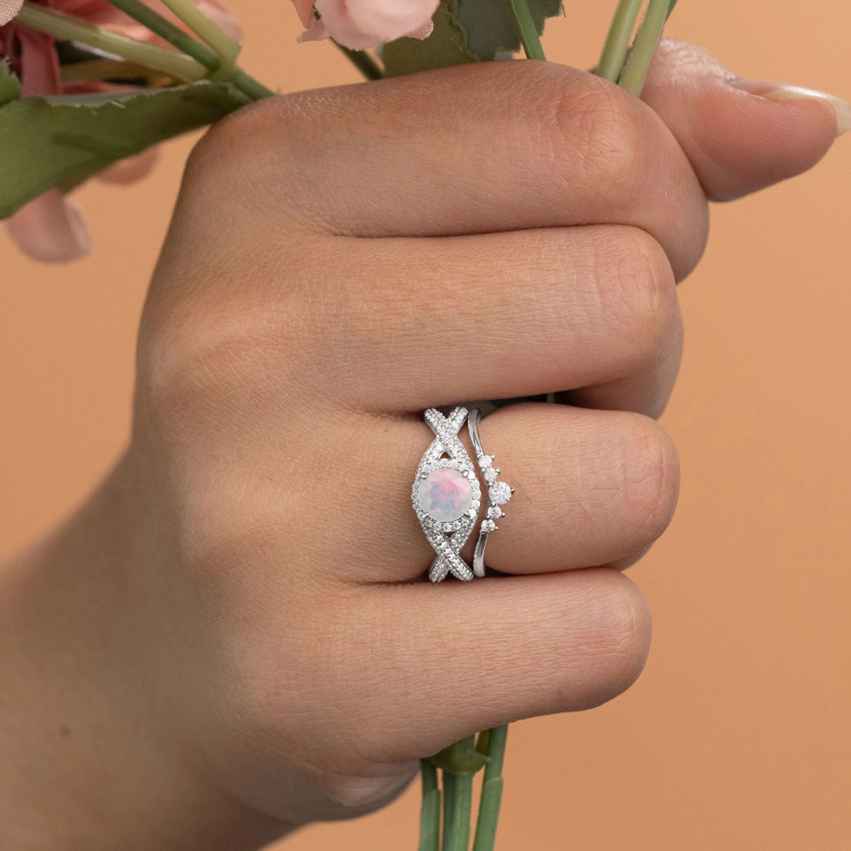 Elegant adornment Twisted 1.50 Ct Round Cut Lab Created Opal Wedding Ring Set