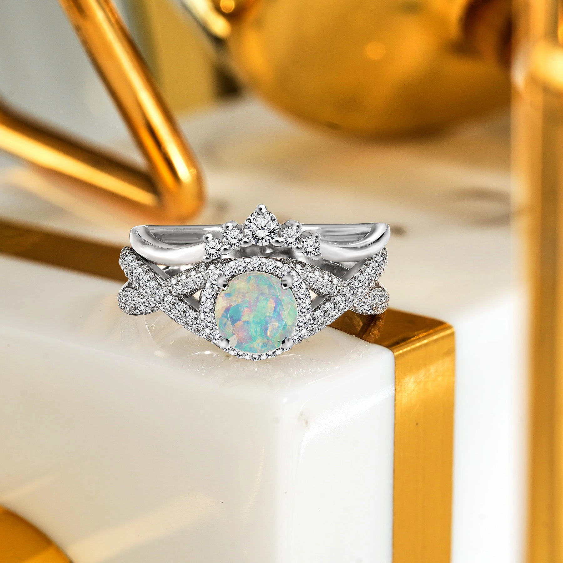 Dress Up Stylish Craft Twisted 1.50 Ct Round Cut Lab Created Opal Wedding Ring Set