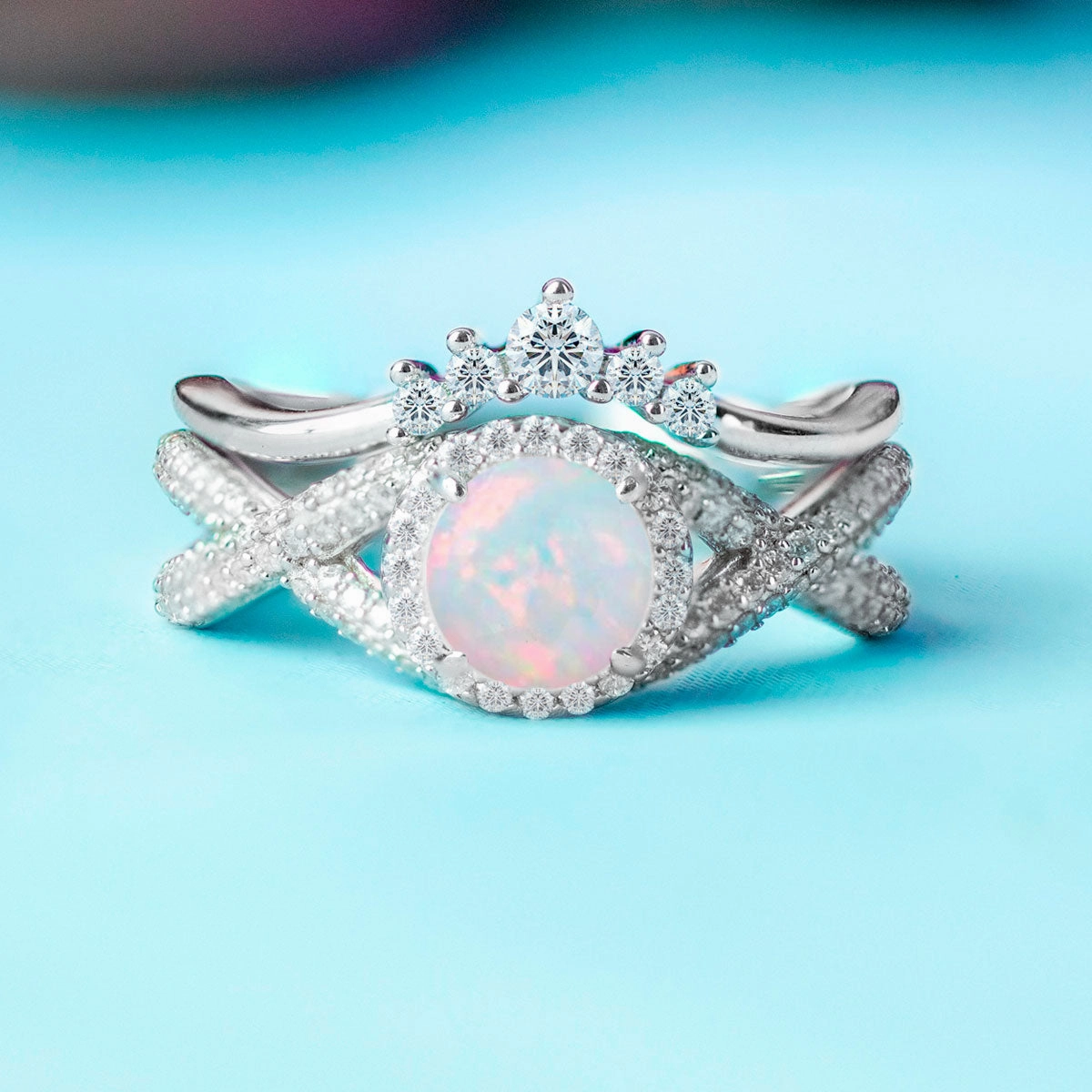 Balanced Simplicity Simple Look Twisted 1.50 Ct Round Cut Lab Created Opal Wedding Ring Set