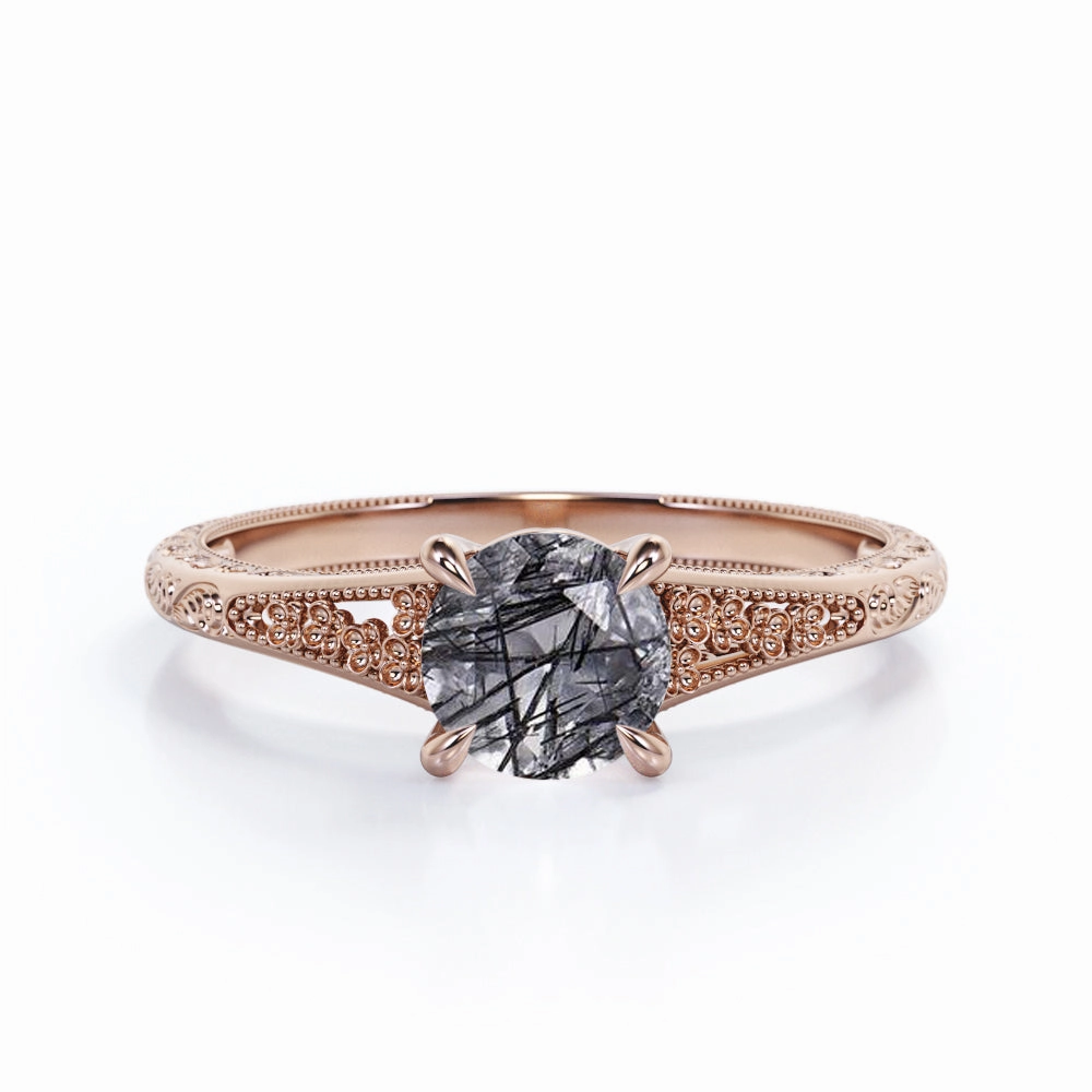 Contemporary Craft Art Deco 1 ct Round Black Rutilated Quartz Antique Engagement Ring