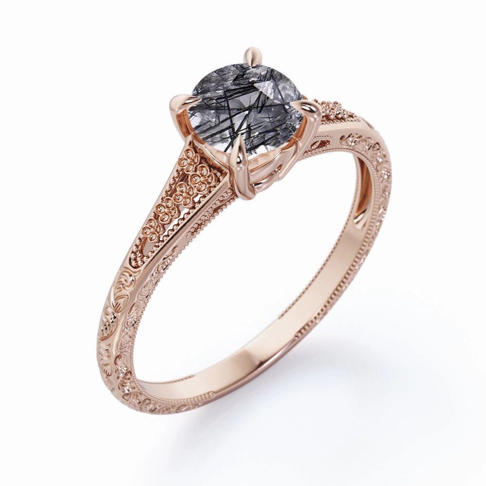 Art Deco 1 ct Round Black Rutilated Quartz Antique Engagement Ring Luxury Balance Exquisite Decoration
