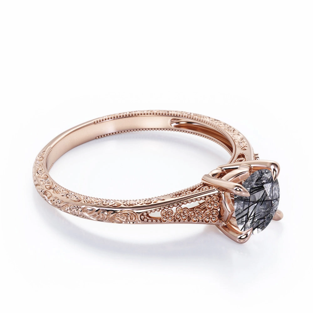 Traditional Item Comfortable Craft Art Deco 1 ct Round Black Rutilated Quartz Antique Engagement Ring