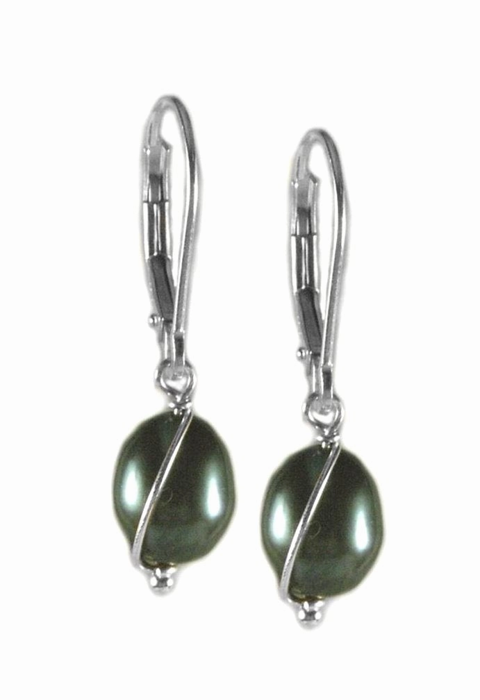 Classic Selection Dyed Green Cultured Freshwater Pearl Earrings Sterling Silver with Wire Wrap