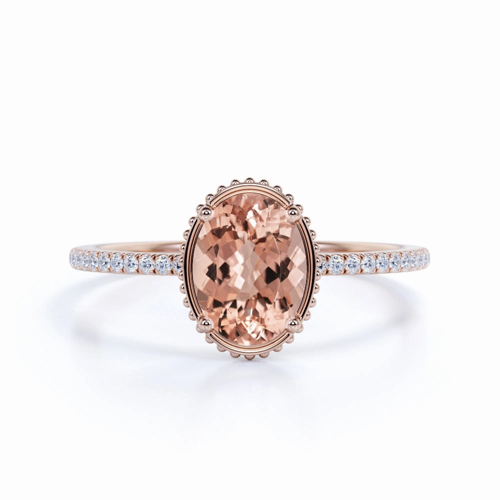 Classic Style Meaningful Style 1.25 ct Oval Peach Pink Morganite Pave Engagement Ring