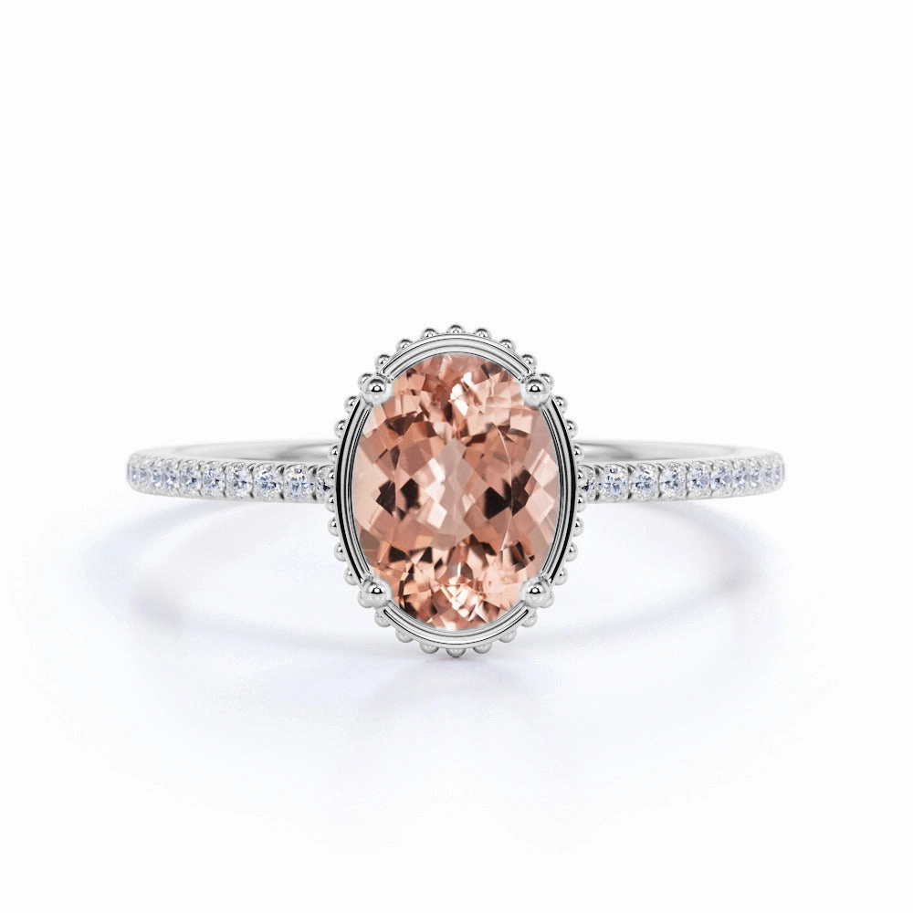 1.25 ct Oval Peach Pink Morganite Pave Engagement Ring Classic Contour
