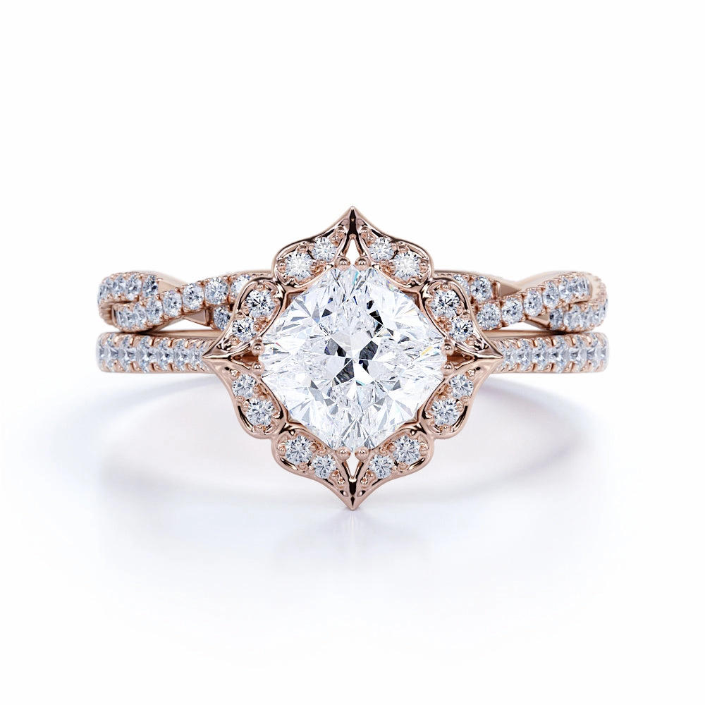 1.5 Carat Cushion Cut Moissanite and Diamond Wedding Ring Set in 10k Rose Gold Celebrity Ring Rainbow Hue