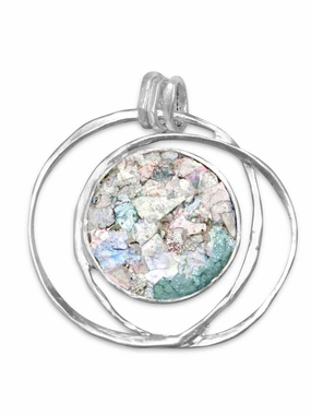 Ancient Roman Glass Hoop Pendant Necklace Textured Sterling Silver, Pendant Only Attractive Design