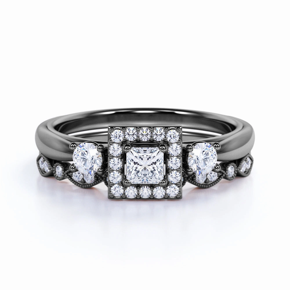 Custom Creation 3 Stone Cathedral Modern Art Deco 1 ct TDW Princess Cut Diamond Milgrain Bridal Set - Wedding Set - 10K White Gold