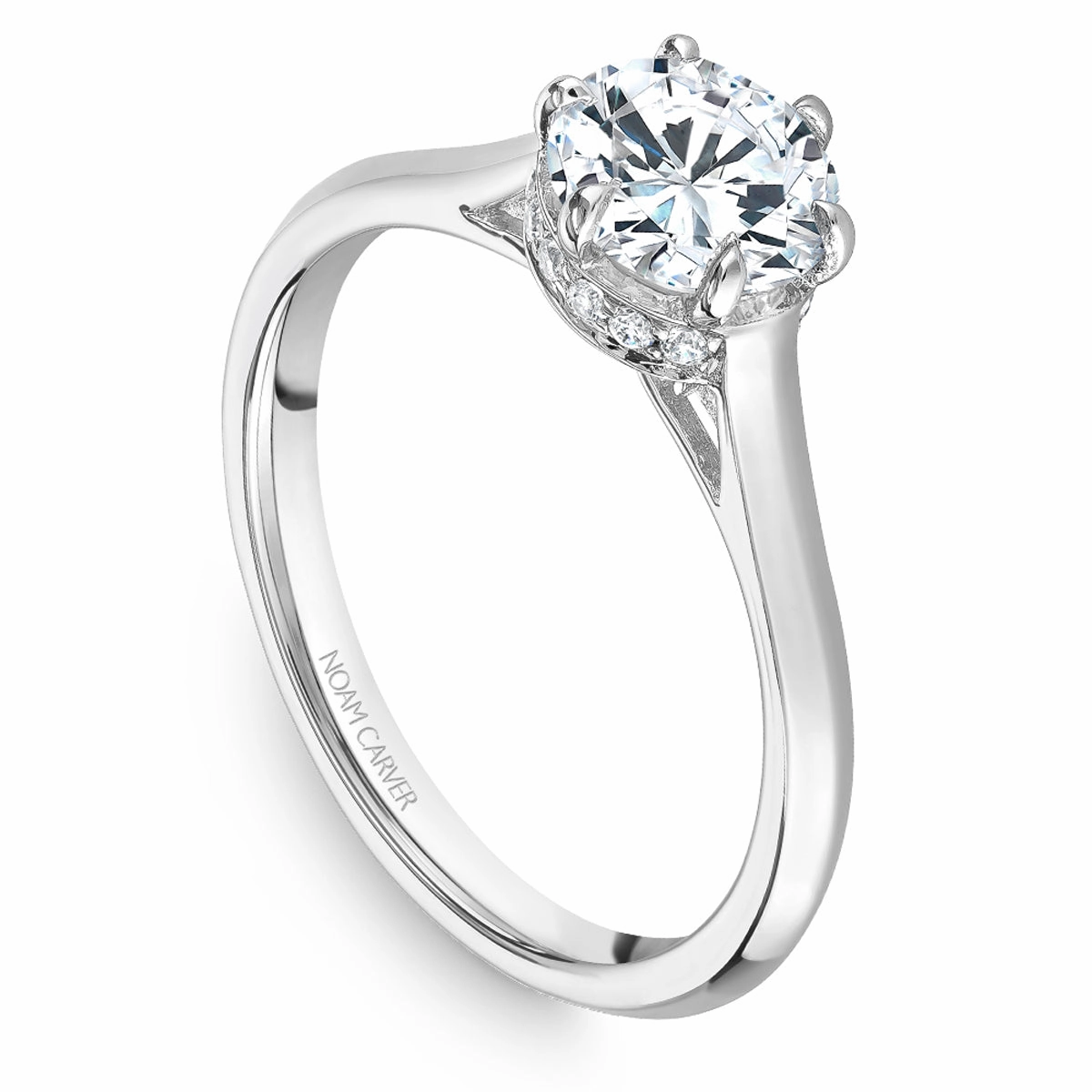 Noam Carver Hidden Halo Solitaire Engagement Ring Setting in White Gold Glossy Finish Glam Edge