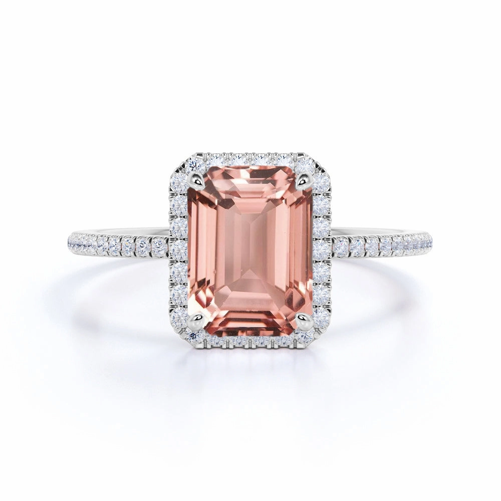 Shimmer Detail HighEnd Symbol 1.50 ct Emerald Peach Pink Morganite Halo Engagement Ring