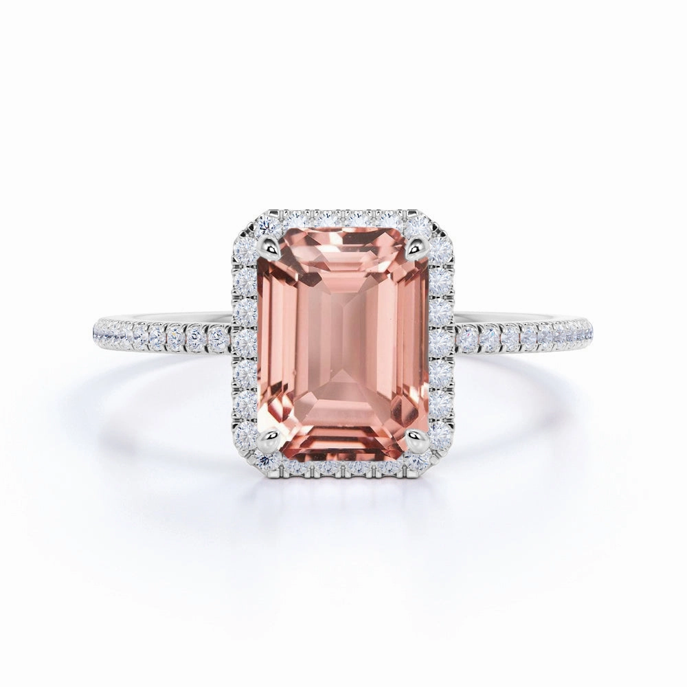 1.50 ct Emerald Peach Pink Morganite Halo Engagement Ring Exclusive Statement