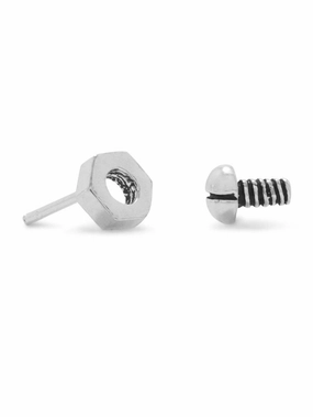 Mens Stud Earrings Nut and Bolt Antique Finish Sterling Silver Trendy Ornament Trendy Option