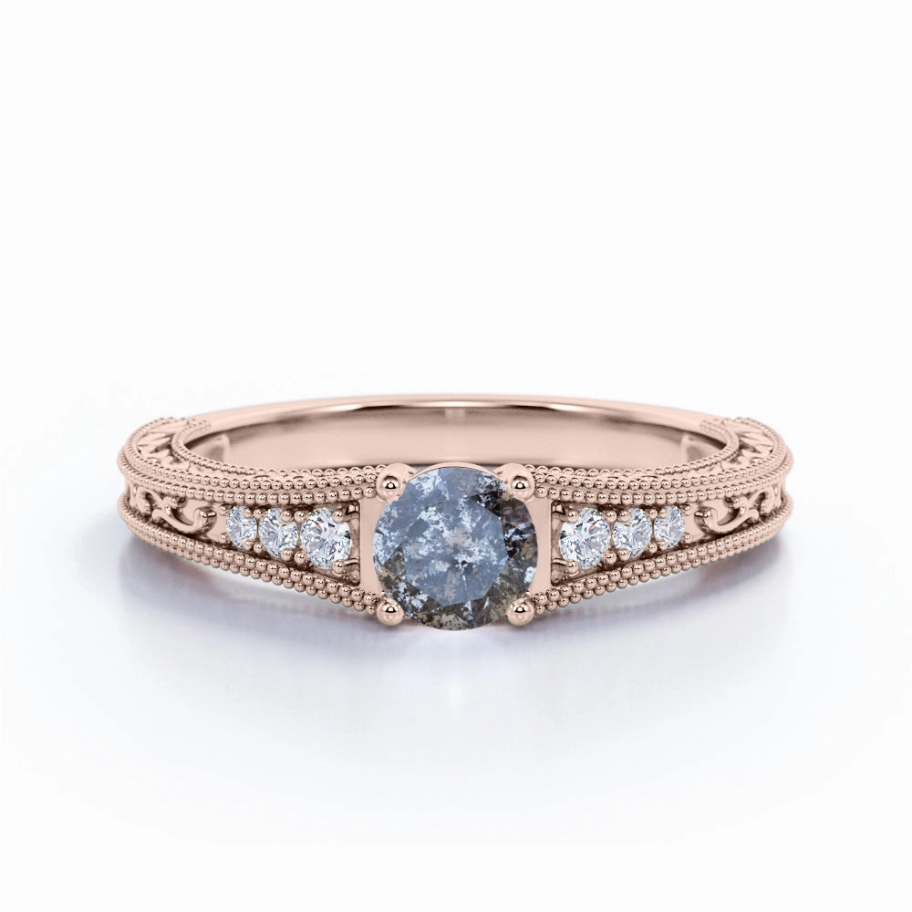 Edwardian 0.60 Ct Round Salt and Pepper Diamond Engagement Ring Ornate Piece