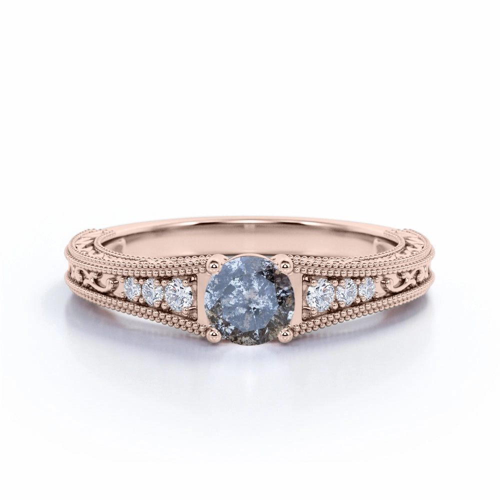Edwardian 0.60 Ct Round Salt and Pepper Diamond Engagement Ring Luxe Finish summer look