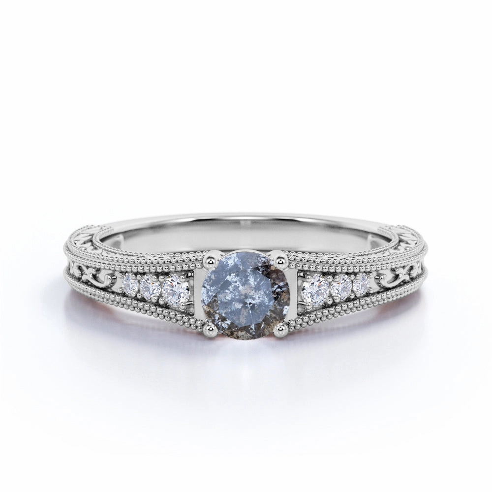 Edwardian 0.60 Ct Round Salt and Pepper Diamond Engagement Ring Glamorous Jewelry