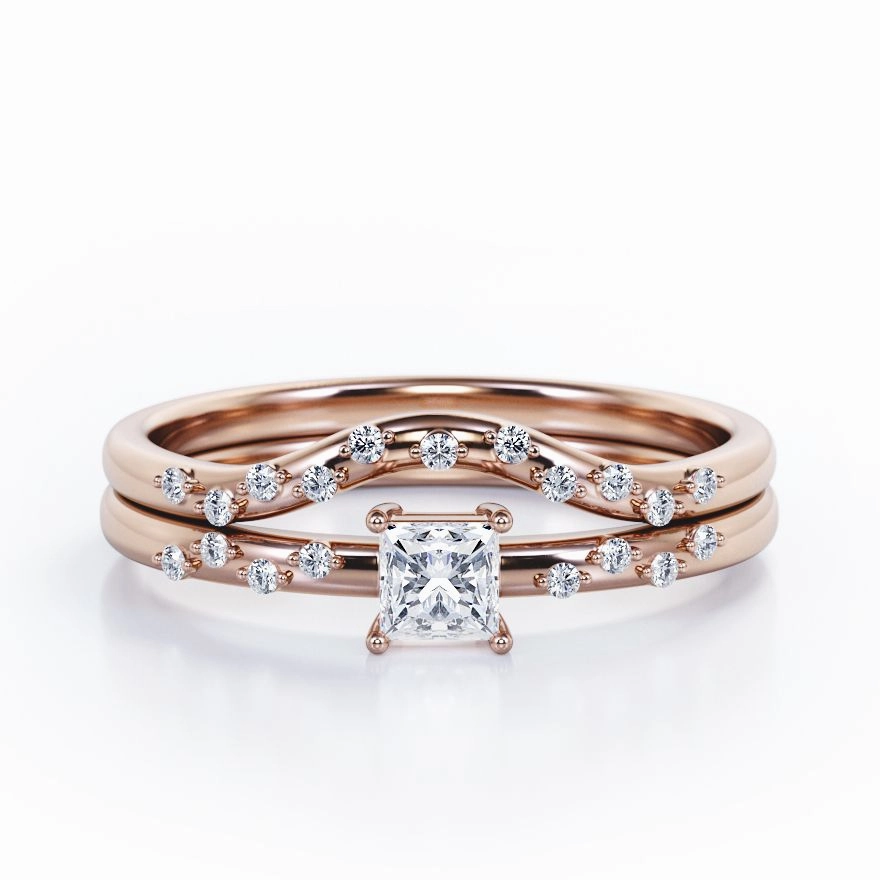 2-Prong Flush - 0.4 TCW Princess Cut Diamond - Curved Minimalist Wedding Ring Set in White Gold Elegant Mark Personal Present