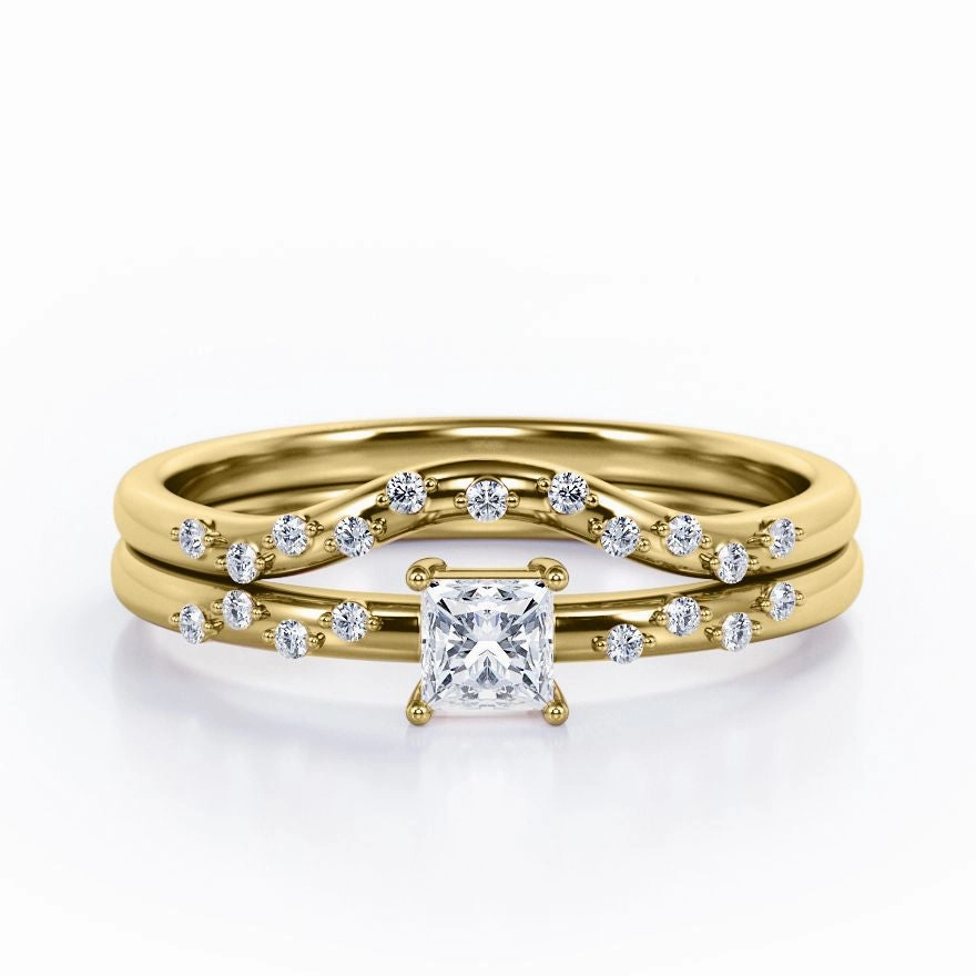 Traditional Decoration 2-Prong Flush - 0.4 TCW Princess Cut Diamond - Curved Minimalist Wedding Ring Set in White Gold